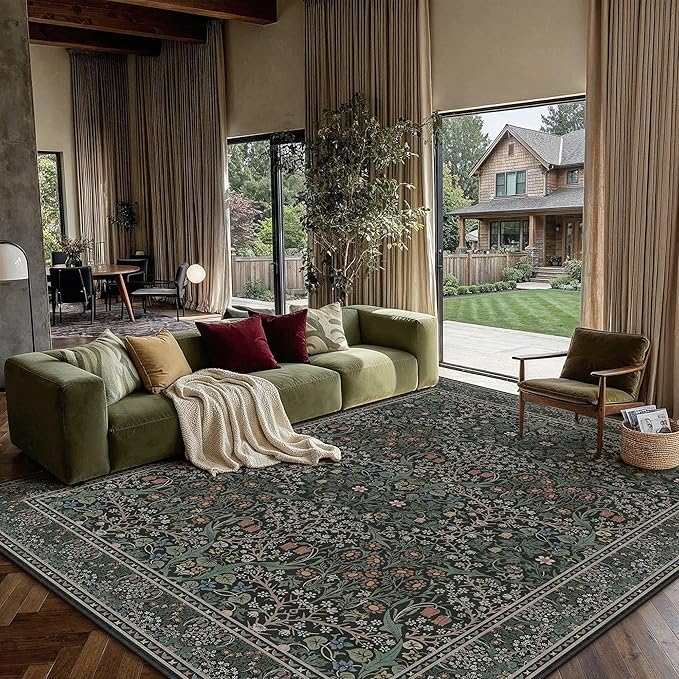 HUGEAR Vintage Floral Machine Washable 8x10 Area Rugs Black Green Living Room Bedroom Rug Retro Neutral Stain Resistant Non Slip Low Pile Throw Carpet for Home Aesthetic Modern Decor