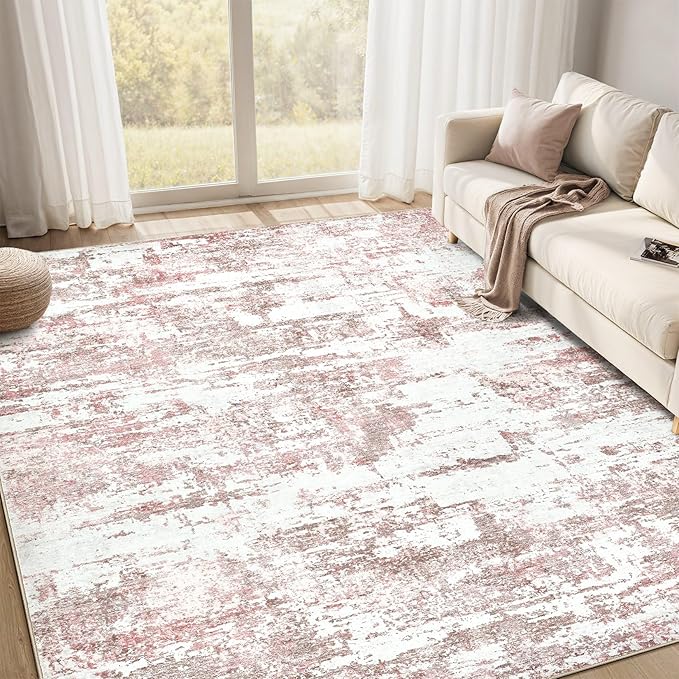 Area Rugs for Living Room: 8x10 Abstract Washable Rug Modern Neutral Large Soft Stain Resistant Non-Slip Backing Machine Table for Bedroom Dining Room Indoor Home Office Carpet - Pink
