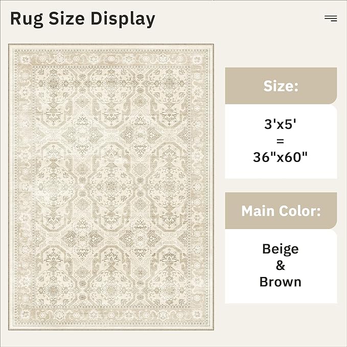 3x5 Rug, Small Area Rug for Kitchen, Entryway, Machine Washable Non-Slip Throw Rug, Vintage Carpet for Nursery Coffee Table Beige/Brown