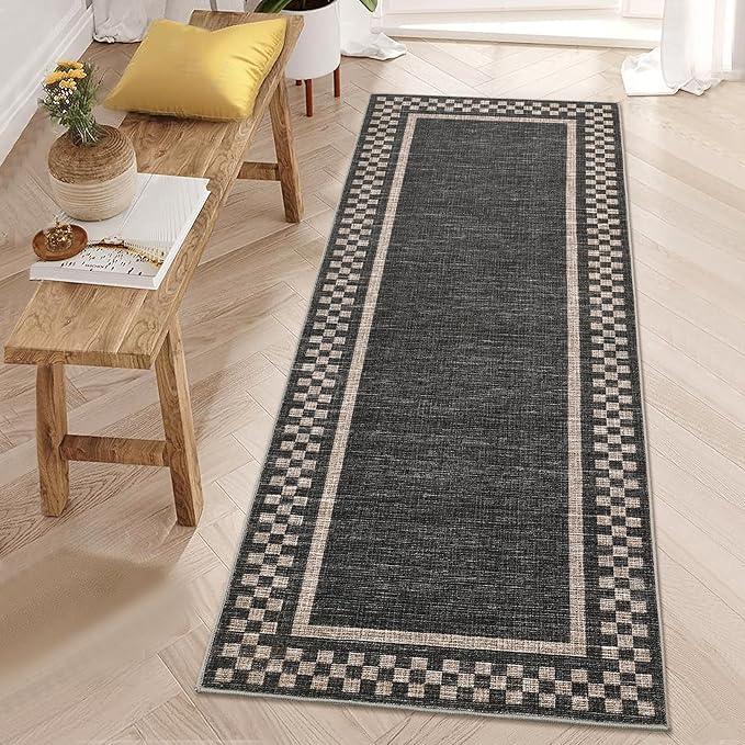 Rug Runners for Hallways 2x8 Washable Kitchen Runner Rug Non Slip Low Pile Bedside Throw Carpet Modern Bordered Bathroom Runners Checkered Area Rug for Living Room Bedroom Entryway Nursery, Black