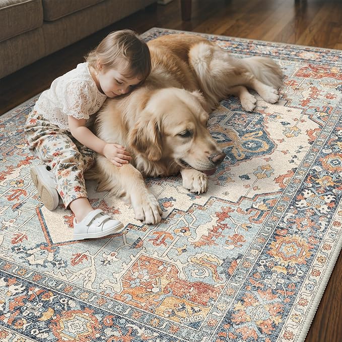 GENIMO Runner Rug 2x5 Non Slip Machine Washable Hallway Runner Rug, Low Pile Lightweight Rugs for Entryway, Hallway, Kitchen and Corridor, Vintage Blue/Amber