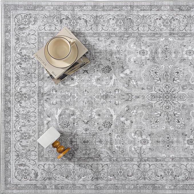 Gray 2x3 Area Rug Entryway Washable Vintage Carpet Door Mat Small Indoor Non Slip Soft Low Pile Thin Stain Resistant Distressed Accent Throw Rug for Kitchen Bathroom Entrance Bedroom