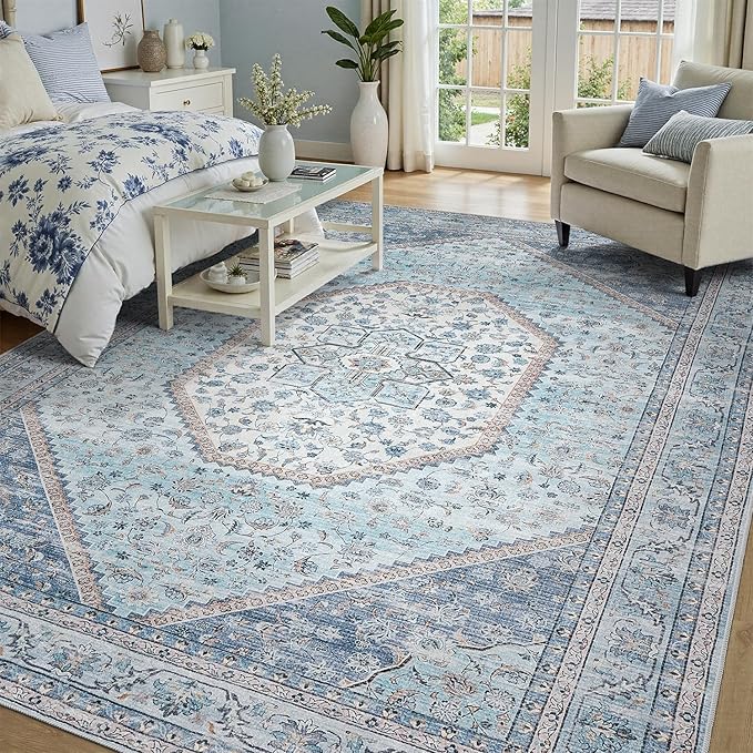 DCX Machine Washable Blue and Beige Area Rug 4x6, Non Slip Stain Resistant Vintage Floral Rug for Living Room Bedroom Nursery, Soft Low Pile Large Carpet