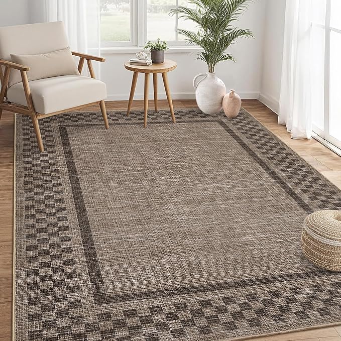 GarveeHome Machine Washable 5x7 Area Rugs Modern Bordered Living Room Rug Non Slip Checkered Geometric Bedroom Throw Carpet Soft Boho Rugs for Dining Room Nursery Home Office, Brown