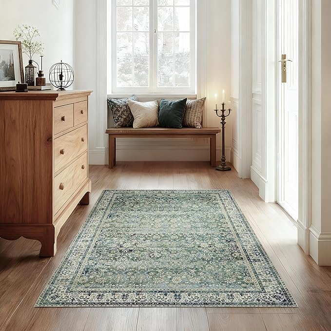 3x5 Area Rug for Entryway Indoor Low Pile Green Rugs with Washable Non Slip Boho Vintage Distressed Ultra Thin Entry Way Rugs for Kitchen Laundry Room Bathroom Inside House,3 x 5,Dark Green