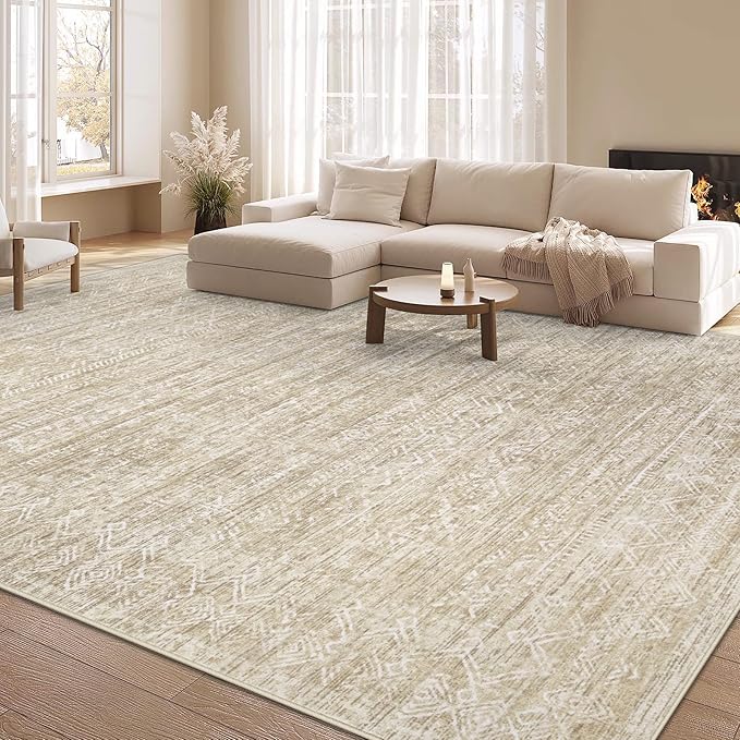 Washable Rug 9x12 Area Rugs: Modern Geometric Rugs for Living Room Non Slip Soft Low Pile Moroccan Indoor Carpet for Bedroom Nursery Dining Room Home Office (Beige, 9'x12')