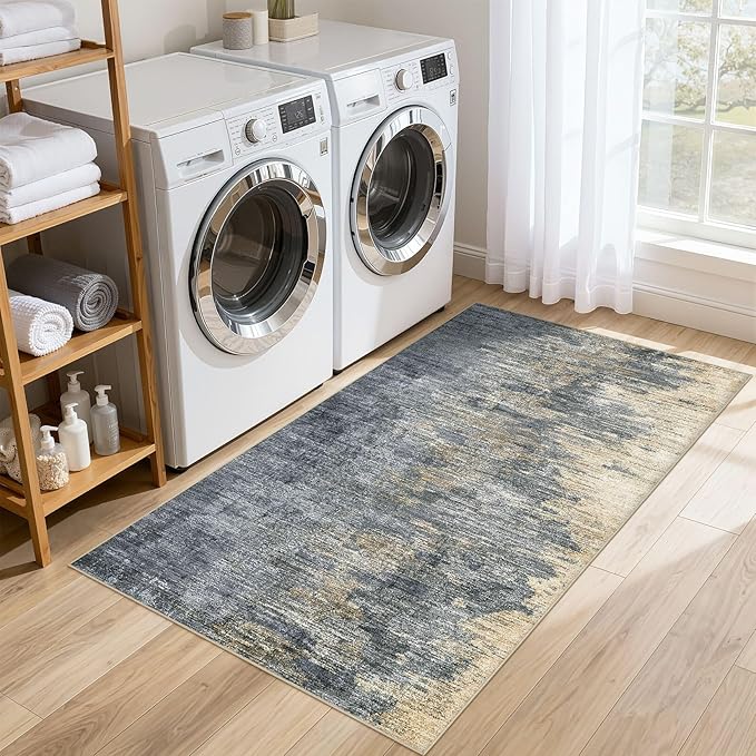 Area Rugs for Living Room: 3x5 Abstract Washable Rug Modern Neutral Large Soft Stain Resistant Non-Slip Backing Machine Table for Bedroom Dining Room Indoor Home Office Carpet - Blue Gold