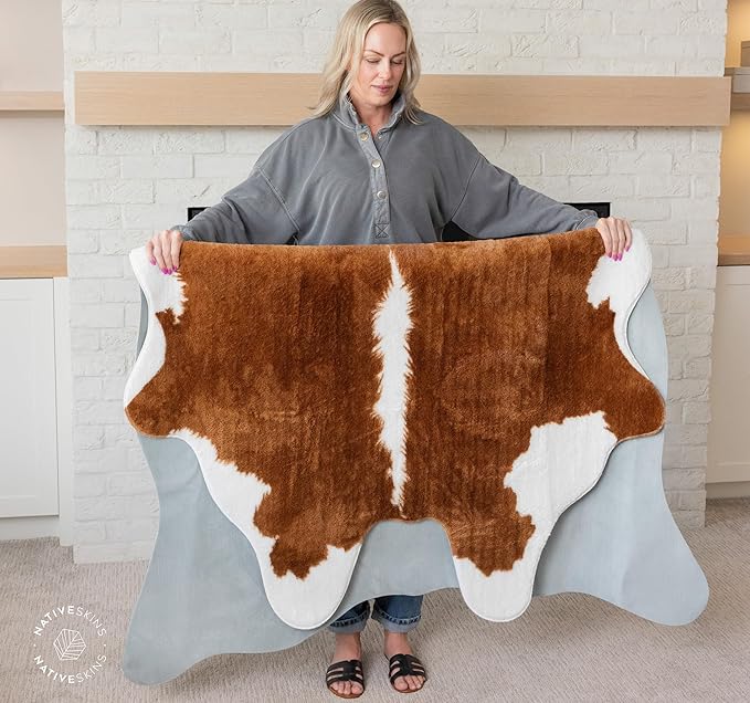 NativeSkins Faux Cowhide Rug ??Hawthorn Brown (Large) | 4'7" x 6'7" | Cow Print | Western Bedroom Decor | Hand-Cut, Faux Suede No-Slip Backing | Western Rug | Animal Print | Cow Hide