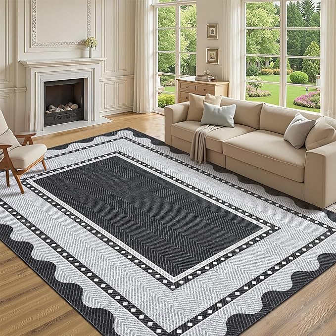 GarveeHome Washable 8x10 Area Rugs with Non Slip Backing, Large Solid Rugs for Living Room Bedroom, Modern Border Neutral Soft Carpet, Stain-Resistant Floor Mats for Nursery, Home Decor, Black Grey