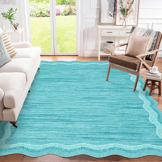 GarveeHome Modern Rug for Living Room 9x12 Large Scalloped Carpet, Non-Shedding Contemporary Easy Cleaning Mats, Solid Color Teal Indoor Rug for Office, Dining Room, Playroom, Bedroom