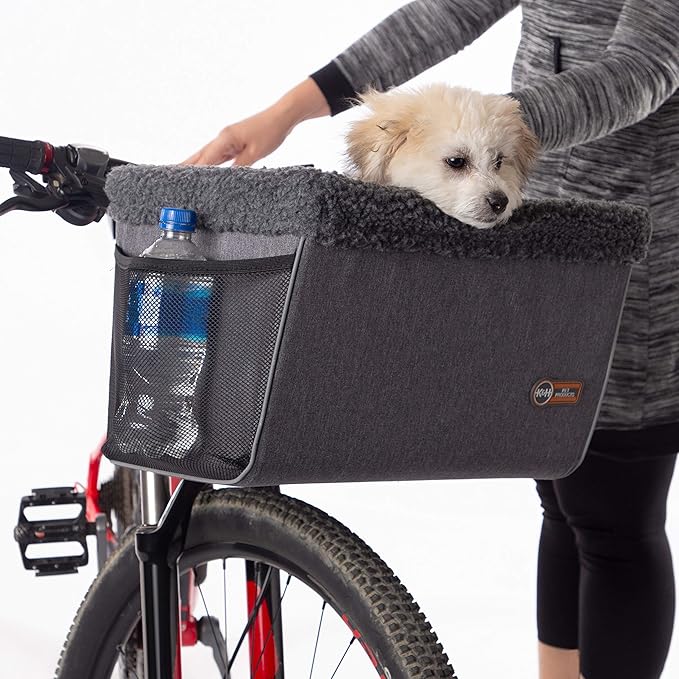 K&H Pet Products Bike Basket Front Dog Carrier, Universal Fit Cat Dog Pet Bike Basket with Front Bicycle Mount Included, Washable Liner, Strong Metal Basket, 2 Safety Leashes - Large 16 X 12 X 10in
