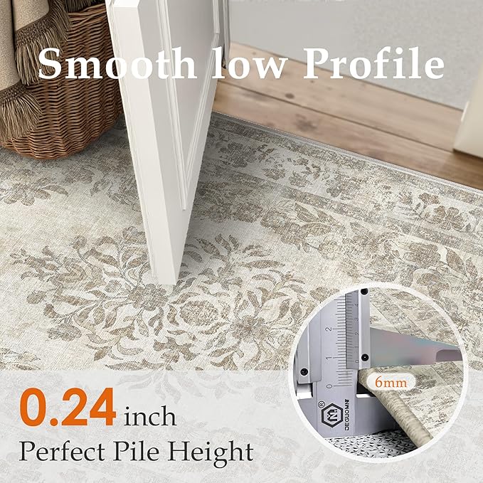 2'6"x8' Runner Rug Beige Washable Hallway Kitchen Bedroom Vintage Distressed Bathroom Non Slip Medallion Floral Carpet Indoor Retro Throw Floor Mat for Office Dining Laundry Living Room