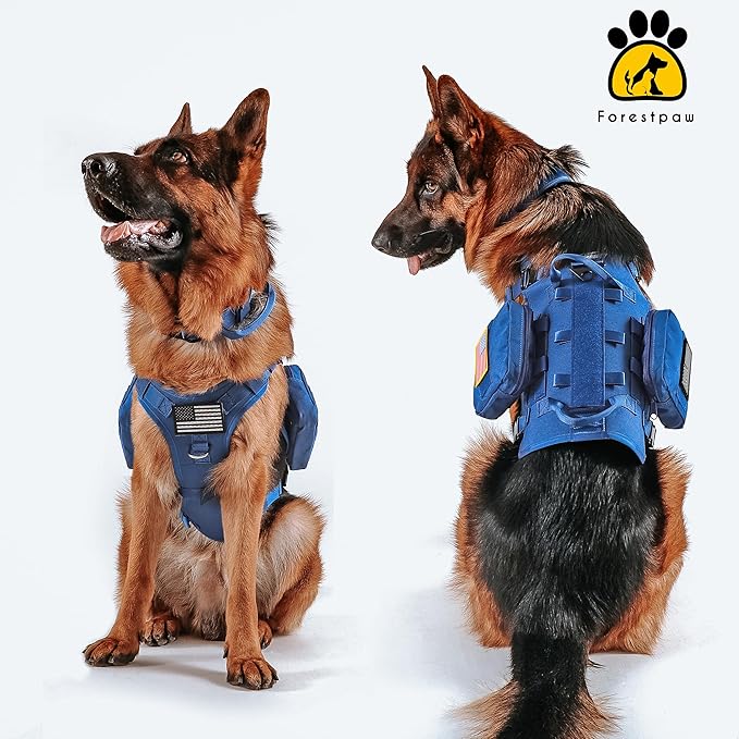 Forestpaw Dog Harness for Large Dogs,Tactical Dog Harness with Handle,No Pull Military Service Dog Vest with Pockets Adjustable for Walking Training,Blue,Chest 21.5-45"