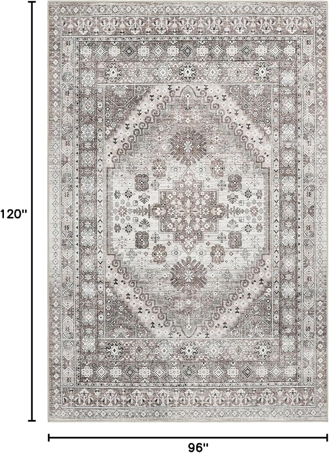 Washable Rug 8x10 Area Rugs for Living Room - Stain Resistant Non-Slip Backing Rugs for Bedroom - Vintage Large Area Rug (Brown/Beige, 8'x10')