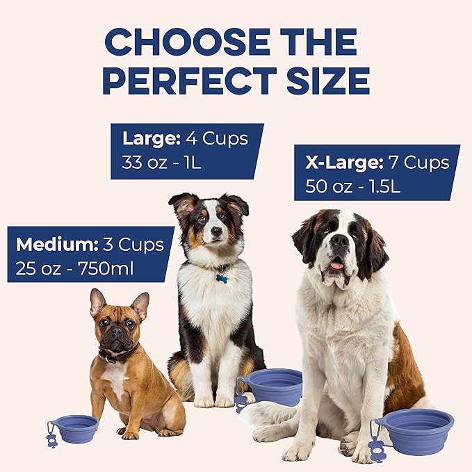Bonza Collapsible Dog Bowls - Large 33 Oz, Dog Travel Accessories, Silicone Portable Dogs Bowl & Water Dish with Reinforced Rim & Carabiner for Hiking, Camping, and Car Trips, Navy Blue
