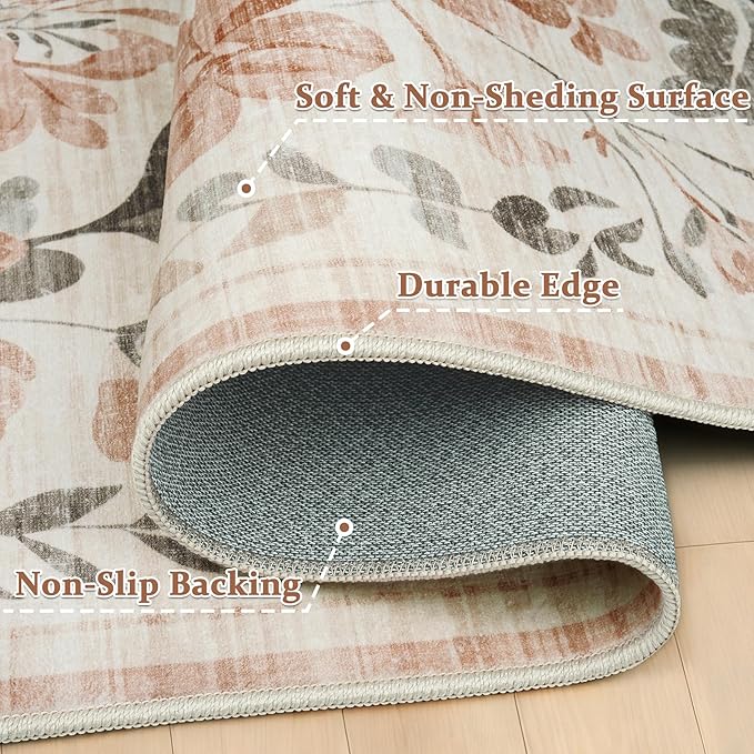 5x7 Area Rugs Washable Rug: Lagre Boho Living Room Rug Soft Non-Slip Thin Carpet Indoor Floor Non-Shedding Neutral Floral Carpets for Bedroom Dining Room Farmhouse Nursery Pink