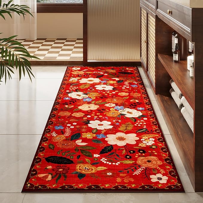 Rugcomf Runners for Hallways Kitchen Runner Rug Non Slip 2'x 10' Long Washable Rugs with Rubber Backing Soft Floral Carpet Runner for Hallways, Kitchen, Laundry, Bedroom, Bathroom(Red)