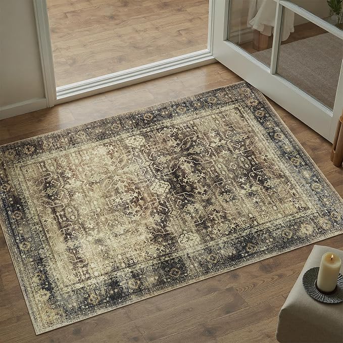 DCX Washable 3x5, Kid & Pet Friendly with Rubber Back Non Slip, Stain Resistant Vintage Rug for Living Room, Bedroom, Home Office, Soft Low Pile Large Farmhouse Distressed Carpet, Brown