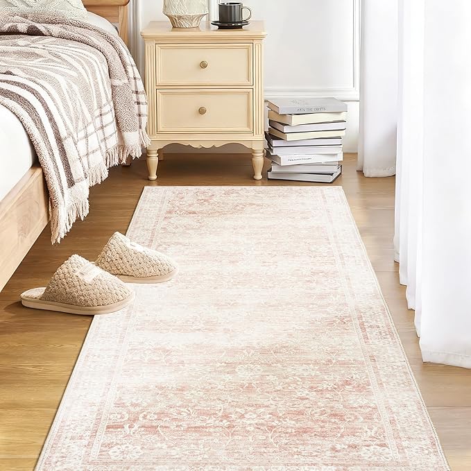 Pink Boho Runner Rugs for Hallway Kitchen Washable Non Slip Bed Side Bedroom Rug 3x7 Light Pink Low Pile Vintage Floral Rugs for Bathroom Stain Resistant Carpet for Laundry Room 3 x 7