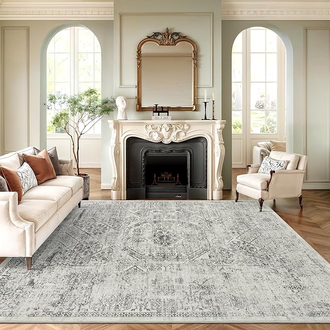 Washable Area Rug 8x10, Gray Soft Rug for Living Room Vintage 8x10 Area Rugs for Bedroom Dining Room Floral Non-Slip Thin Grey Rug