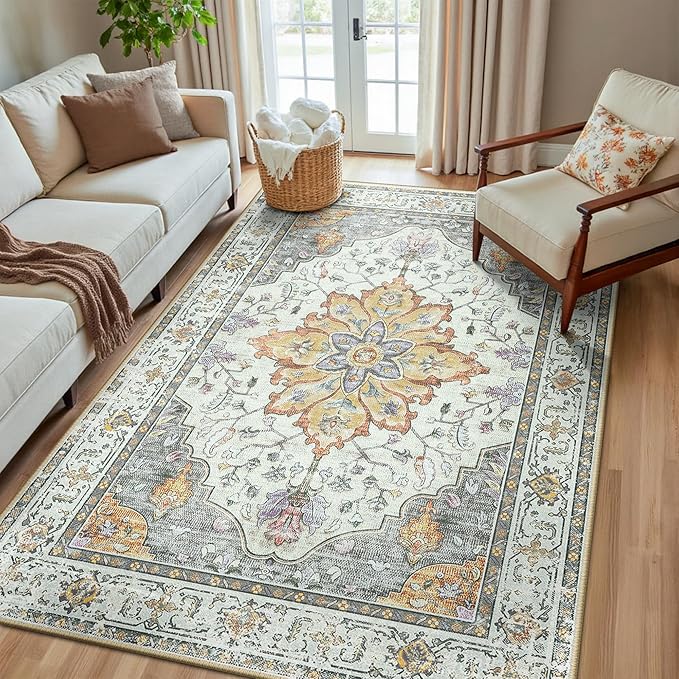 Area Rugs 5'x8' Washable Non-Slip, Floral Vintage Distress Print Pattern Medallion Carpet for Living Room Bedroom Dining Room, Light Yellow Carbon Grey Orange