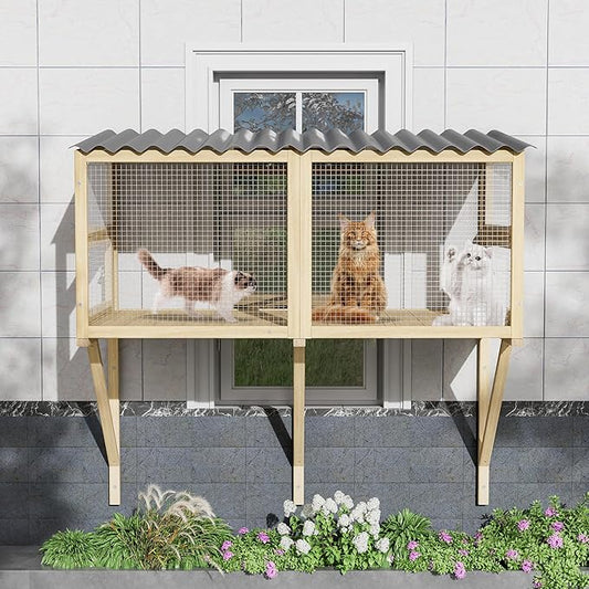 Outdoor Cat Window Perch, Catio Cat Enclosure Window Box Access with Double Doors for Cats Tunnel, Cats Patio w/All-Weather Roof for Indoor Kitty Sunbathing, Napping