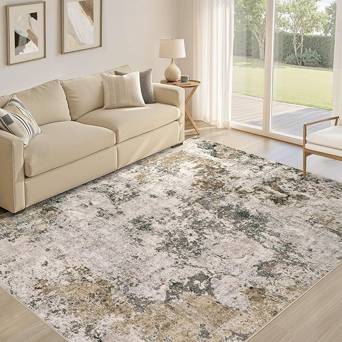 Area Rugs for Living Room: 5x7 Abstract Washable Rug Large Soft Stain Resistant Non-Slip Backing for Bedroom Dining Room Indoor Home Office Carpet for Kids Pet Friendly Families - Dark Brown