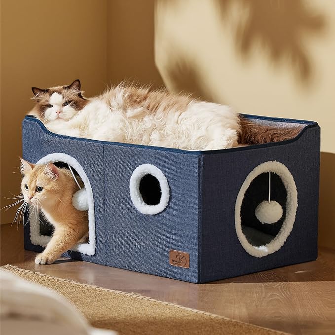 Bedsure Large Cat Beds for Indoor Cats - Extra Wide Cat Cube House for Small Pet with Fluffy Ball Hanging and Scratch Pad, Foldable Pet Cave Hideaway for Multiple Cats, 23.6x16.9x13 inches, Blue