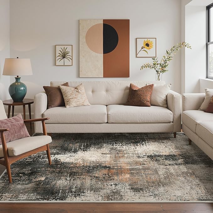 Area Rugs 8x10 for Living Room Bedroom, Modern Abstract Machine Washable Rug, Large Soft Low Pile Floor Carpet with Non Slip Backing for Dining Room, Brown