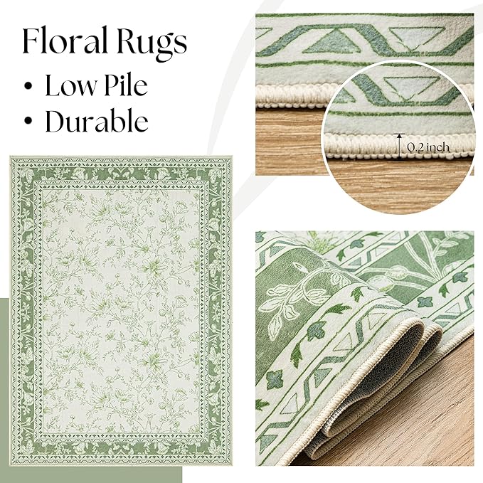 Light Green Kitchen Rug 3x8 Modern Vintage Boho Farmhouse Unique Floral Sage Cream Beige Peony Lily Sketch Style, Washable Low Pile Non-Slip Extra Long Wide Runner Rugs for Hallway 8 ft Long