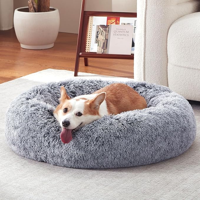 Donut Dog Bed Medium Size Dog 36 Inch, Round Cat Beds for Small Medium Dogs and Cats with Washable Fluffy Faux Fur, Cute Comfort Pet Bed with Anti-Slip Bottom, Grey