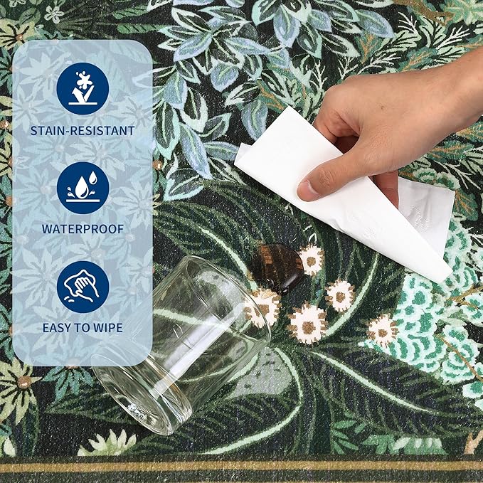 GarveeHome Forest Rugs 5x7, Blue Green Washable Area Rugs for Living Room 5x7, Botanical Low Pile Non Slip Stain Resistance Woodland Rug for Farmhouse, Bedroom, Dining Room