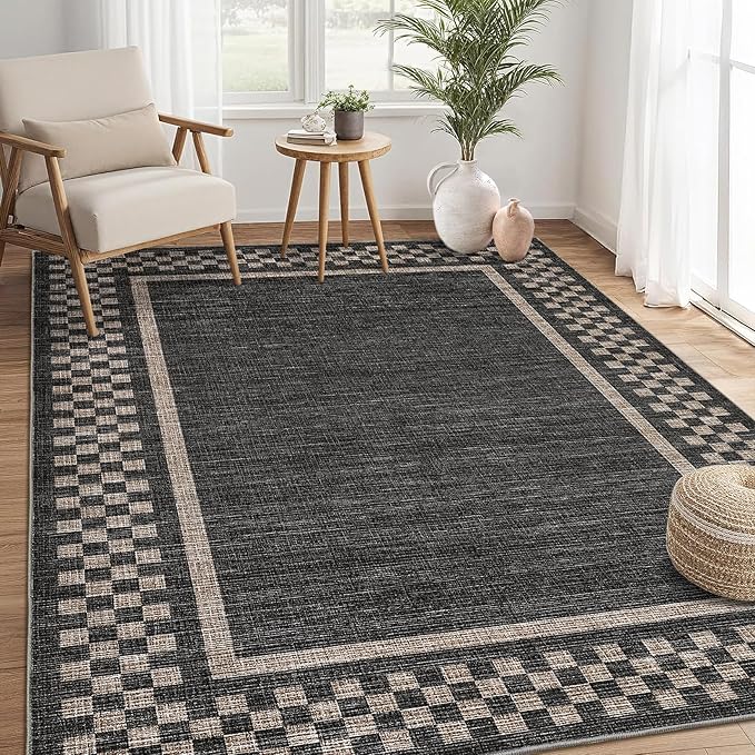Small Bedroom Area Rug 3x5 Checkered Area Rug for Living Room Nursery Non Slip Kitchen Throw Carpet Low Pile Modern Bordered Rugs Washable Bathroom Mat Soft Brown Rugs for Laundry Entryway, Black