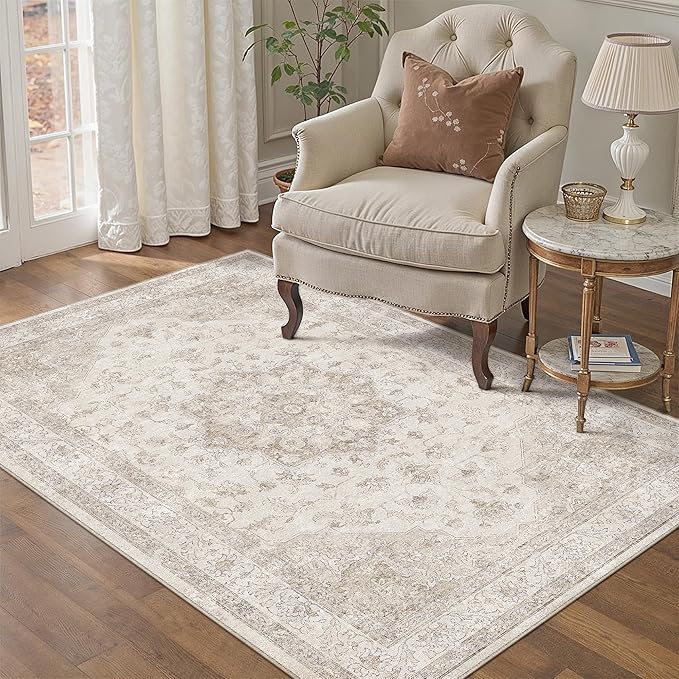 Beige Area Rug 4x5 Washable Vintage Carpet Entryway Office Soft Retro Kitchen Low Pile Thin Door Mat Non Slip Oriental Medallion Throw Small Rug for Bathroom Bedroom Dining Living Room