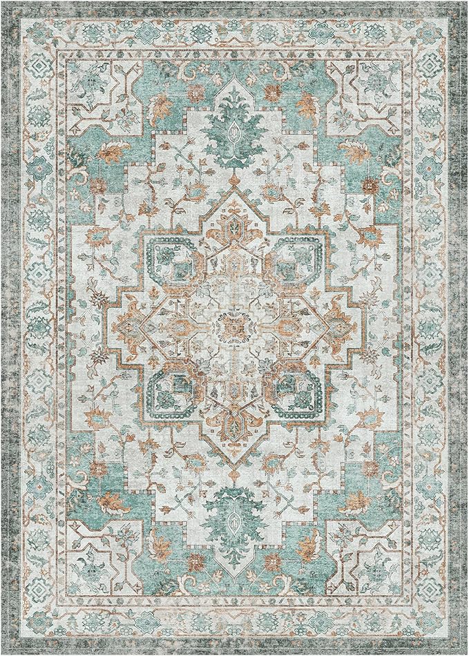 GENIMO 8x10 Area Rugs for Living Room, Machine Washable Non Slip Vintage Rugs, Low Pile Lightweight Chenille Print Rug for Bedroom, Dining Room, Home Office, Cyan