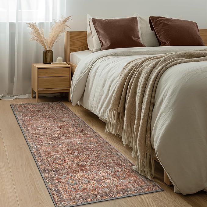 2x7 Runner Rug Machine Washable Boho Rug Runners for Hallway,Ultra-Thin Low Pile Rug,Lightweight Indoor Carpet,Non Slip Floral Runners for Enrtyway, Corridor, Home Office, Kitchen,Terracotta/Indigo