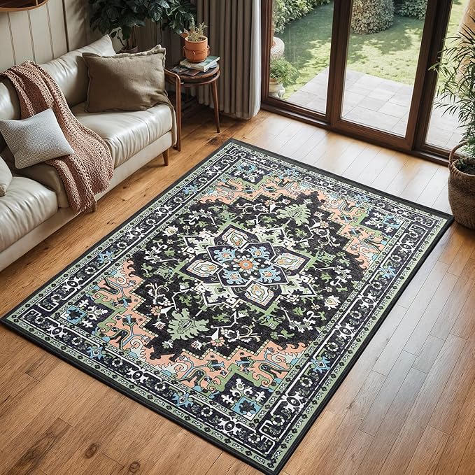 Lofus 3x5 Area Rugs for Living Room, Machine Washable Area Rug, Soft Small Rugs for Bedroom, Kitchen, Office and Indoor, Vintage Boho Carpet, Non-Slip Low Pile Carpets, Dark Green