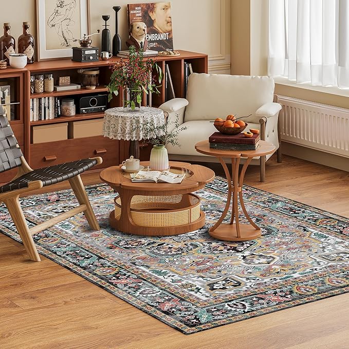 Washable Area Rug 8' x 10' Vintage Traditional Persian Mat - Foldable Distressed Non-Slip Machine Washable Carpet for Living Room Bedroom Kitchen Home Decor - Slate and Multicolor