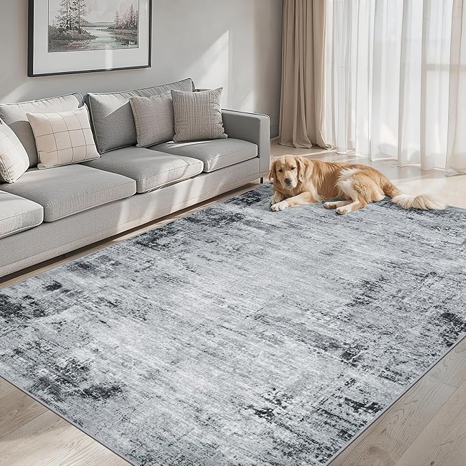 Area Rugs 9x12 Living Room - Washable Rug Modern Abstract Soft Large Neutral Non-Slip Carpet Indoor Floor Thin Carpets for Bedroom Dining Room Farmhouse Nursery Home Office Black