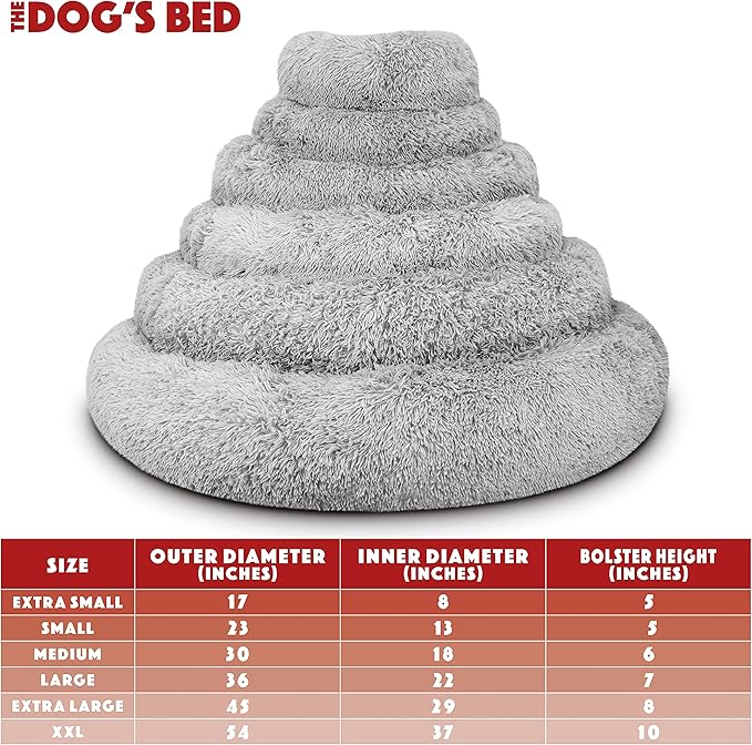 The Dog’s Bed Calming Plush Donut Dog Bed, Replaceable Zip Cover, Silver Grey Fur, Large