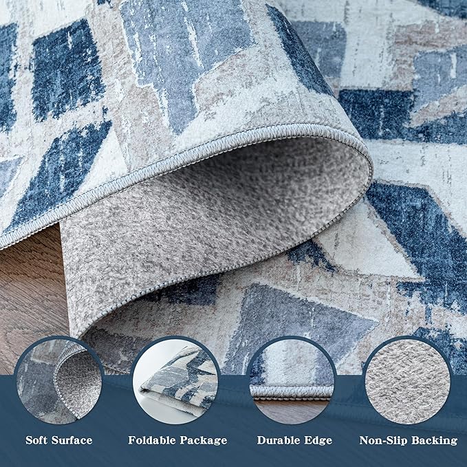 8X10 Area Rugs for Living Room Bedroom,Modern Abstract Large Carpet Washable Rugs 8x10 for Dining Room Office,Non Slip Blue Print Faux Wool Thin 8 by 10 Indoor Nursery Kids Home Pet & Child Friendly