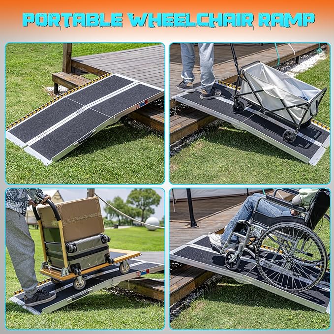 Portable Wheelchair Ramp 5FT, Anti-Slip Aluminum Folding Portable Ramp, Wheelchair Ramps for Home, Weight Capacity Up to 800 LBS, with Transition Plates Above and Below, Loading Dock Plates