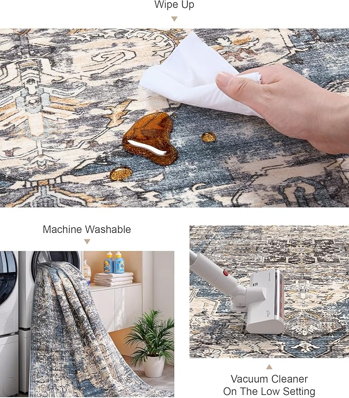 9x12 Area Rugs for Living Room,Ultra-Thin Washable Rug, Non-Slip Lightweight Foldable Area Rug, Stain Resistant Vintage Large Rugs(Blue/Black,9'x12')
