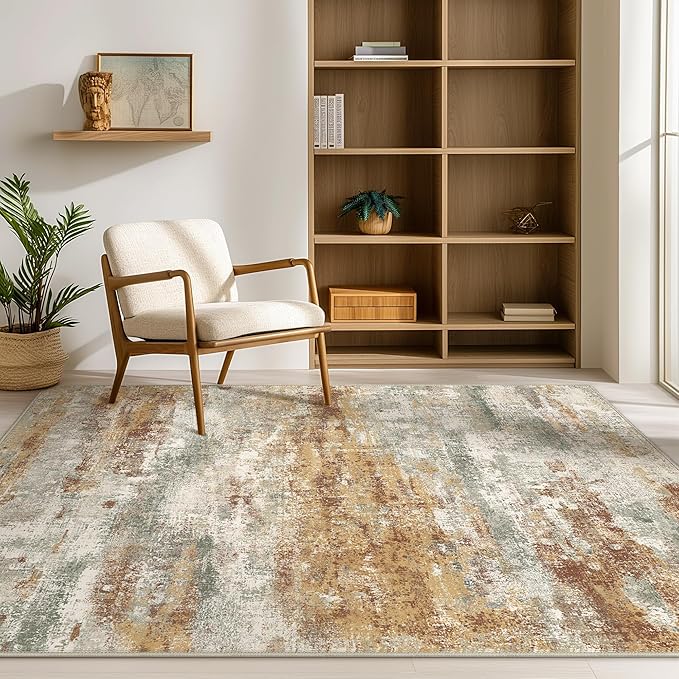 Area Rugs 9x12 for Living Room Bedroom, Modern Abstract Machine Washable Rug, Large Soft Low Pile Floor Cover with Non Slip Backing for Dining Room, Orange Green