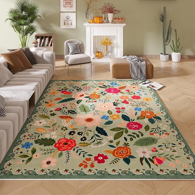 Rugcomf Area Rugs 9x12 Living Room Clearance Washable Boho Rug Non Slip Floral Vintage Low Pile Large Rug for Living Room, Bedroom, Farmhouse, Dining Room, Kids Playroom(Green)