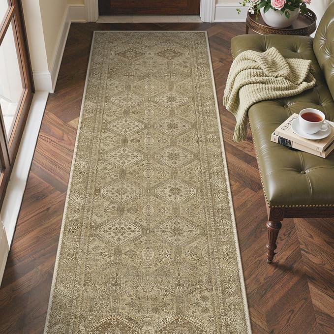 Bavni 2x5 Runner Rugs for Hallways Kitchen, Washable Rug Vintage Print Carpet, Low Pile Lightweight Mat with Non Slip Backing, Light Brown