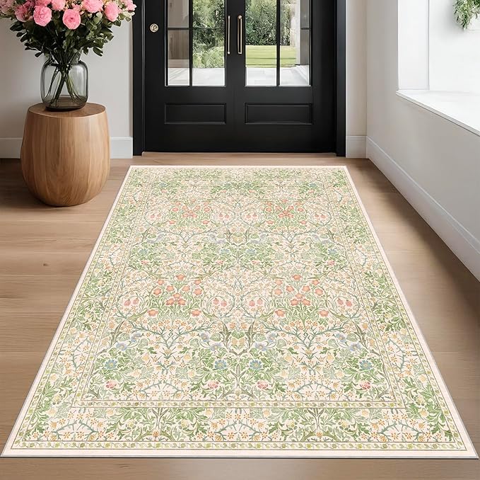 Washable Beige Green 5x8 Area Rug for Living Room, Large Entryway, Kids Room, Boy Bedroom, Playroom - Vintage Oriental Rug Low Pile Non Slip & Stain Resistance (5x8 Beige Green)