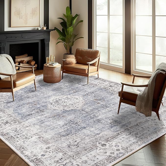 Washable Area Rug 9'x12' Retro Boho Design Non-Shedding Easy Care Ideal for High Traffic Areas in Living Room Bedroom Office Coffee Table Kitchen Large Carpet