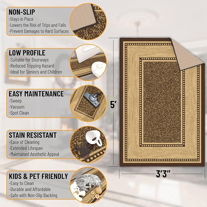 Ottomanson 3'3" x 5' Rugs for Living Room Border Area Rug for Bedroom - Non Slip Durable Large Floor Carpet for High Traffic Areas - Indoor Rug for Dining Room Kitchen Kids Playroom, Brown