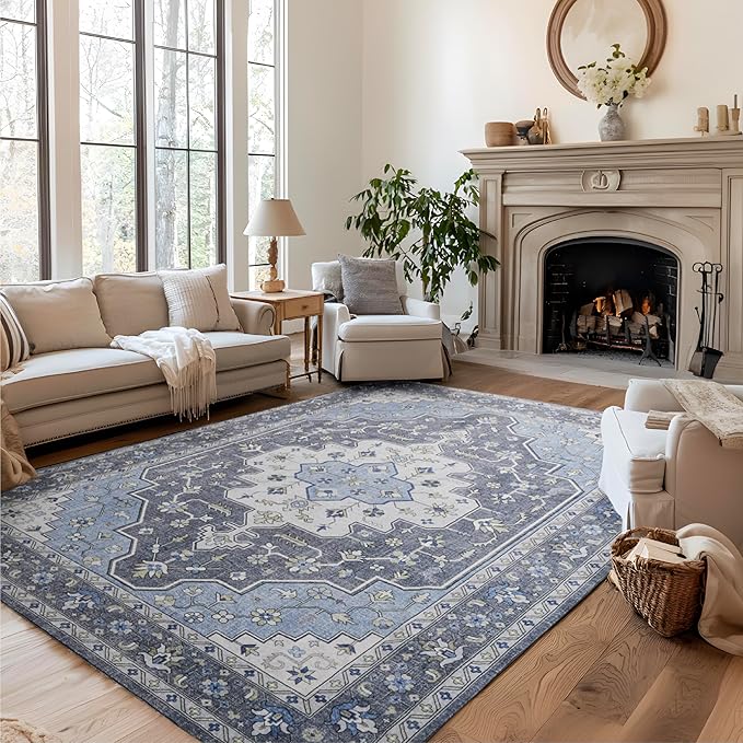 Bedsure 3x5 Area Rugs for Living Room, Machine Washable Rugs, Non-Slip Backing, Non-Shedding, Vintage Low Pile Easy Care Throw Carpet for Bedroom Dining Room, Grey